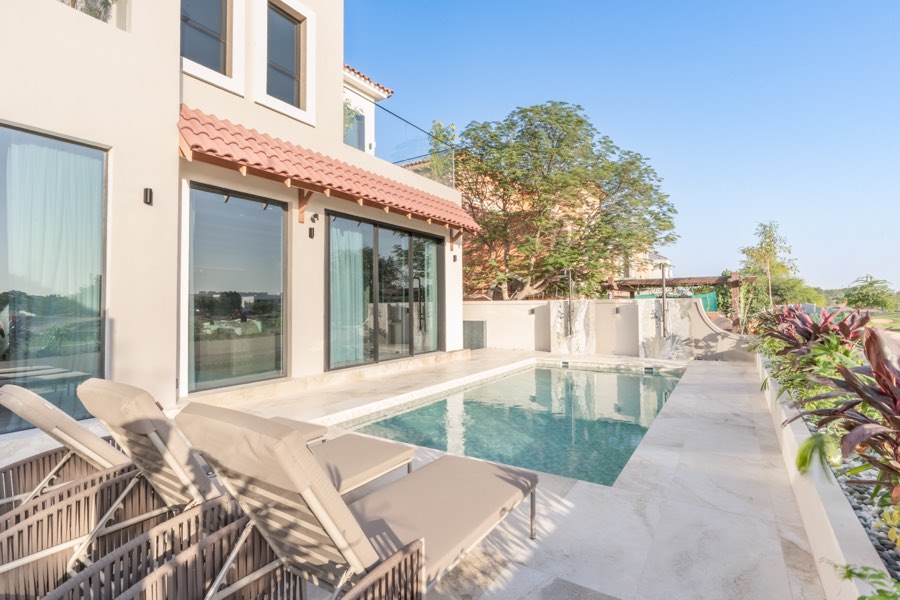 Pool and terrace at Orange Lake villa, Jumeirah Golf Estates